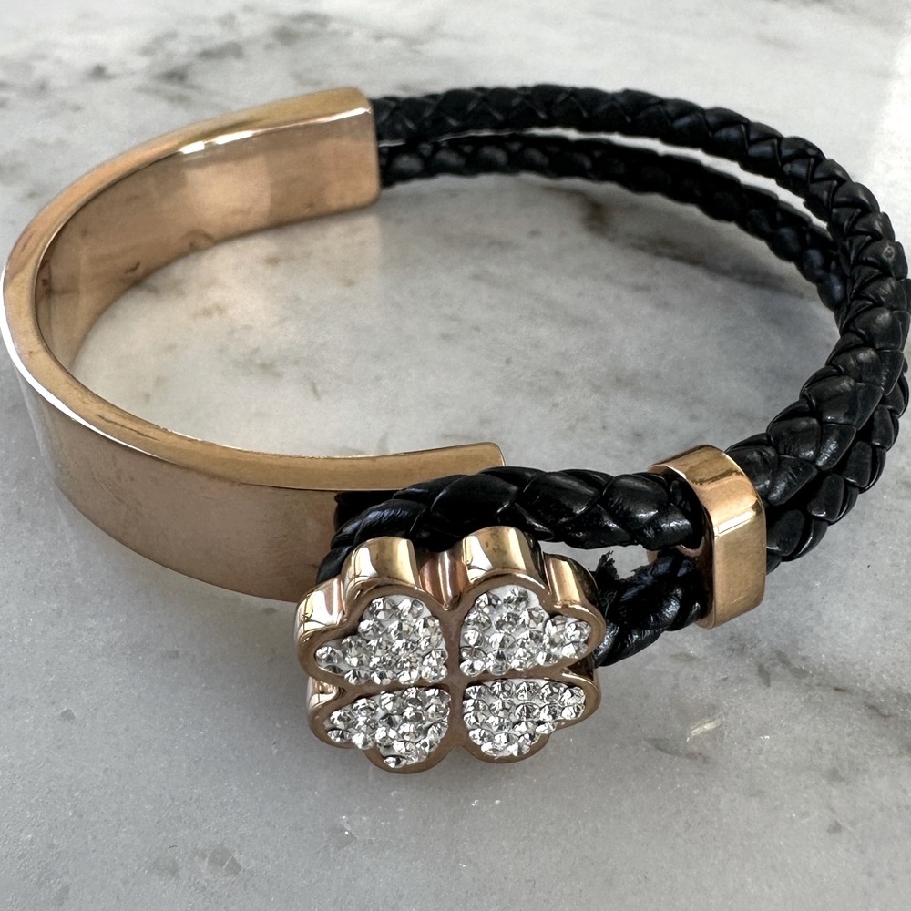 Clear Crystal Clover Bangle Bracelet With Braided Black Faux Leather Cord